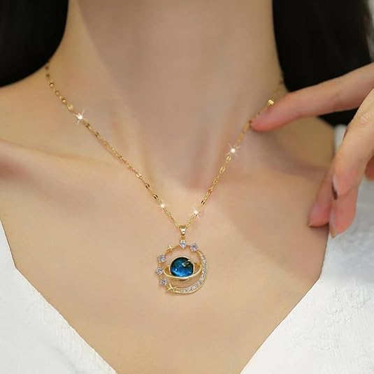 18K Gold Diamond Light Luxury Space Planet Star Series Necklace for Women Gold Color Planet Moon Astronaut Pendant Necklaces Jewelry Gifts