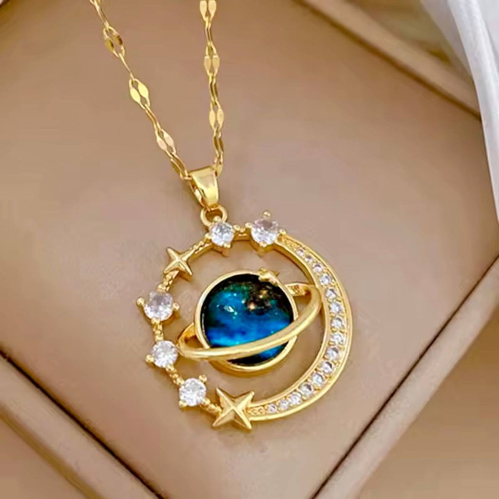 18K Gold Diamond Light Luxury Space Planet Star Series Necklace for Women Gold Color Planet Moon Astronaut Pendant Necklaces Jewelry Gifts