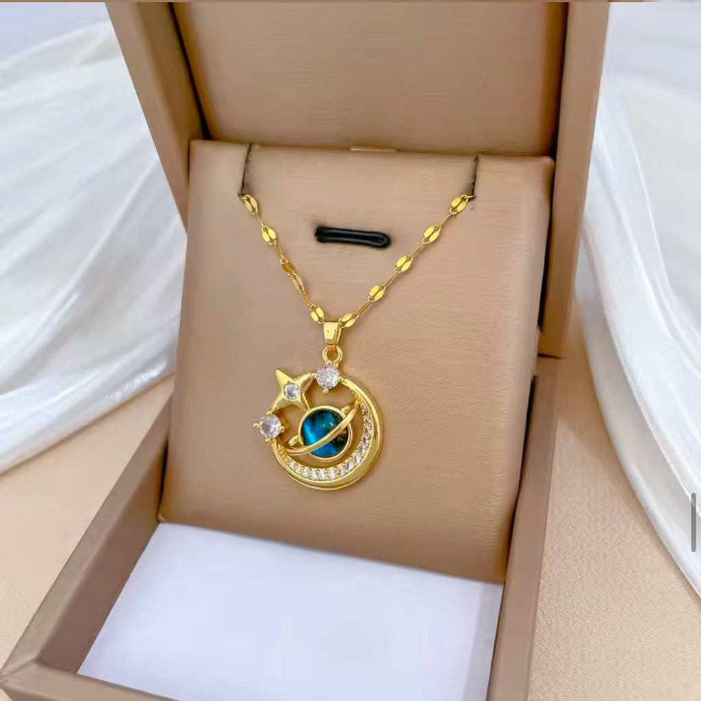 18K Gold Diamond Light Luxury Space Planet Star Series Necklace for Women Gold Color Planet Moon Astronaut Pendant Necklaces Jewelry Gifts